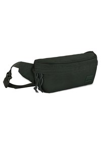 Borsa a cintura in tessuto nera, di forma rettangolare, con zip superiore, tracolla regolabile e dettagli con cordino su un lato.