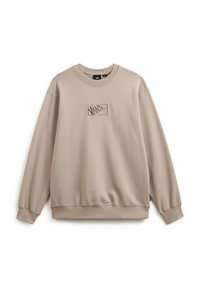 Beige sweatshirt with ribbed crewneck and cuffs. Features a textured Vans logo patch centered on the chest. Made of soft fabric.