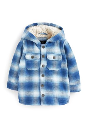 Veste en flanelle à carreaux bleus et blancs avec une capuche, dotée d'une doublure intérieure en peluche, de deux poches poitrine et de boutons-pression argentés.