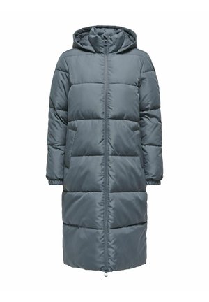 Cappotto grigio imbottito con cappuccio, dotato di zip frontale, maniche lunghe e tasche laterali. Tessuto liscio con un motivo trapuntato.