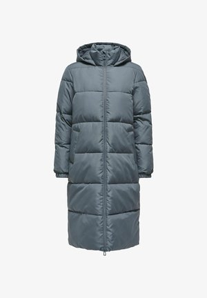Ocieplany szary płaszcz z kapturem, posiadający zamek błyskawiczny z przodu, długie rękawy i boczne kieszenie. Gładka faktura z pikowanym wzorem.