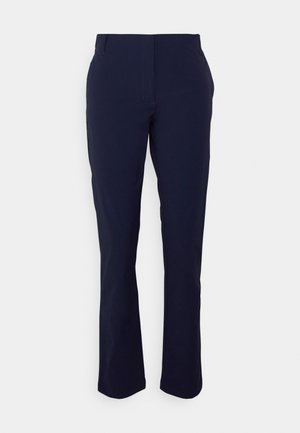 Pantalones de pierna recta azul marino, confeccionados en una tela suave, con trabillas para el cinturón, cremallera en la bragueta y dos bolsillos frontales. Diseño limpio y ajustado con un detalle mínimo.