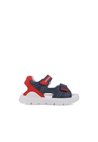 Sandalias en navy y rojo con dos correas ajustables de Velcro, suela blanca y acentos texturizados. Presentan un diseño deportivo y material transpirable.