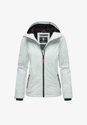 Világosszürke, szigetelt dzseki magas gallérral, fekete béléssel és cipzárokkal. Narancssárga díszítéssel és több zsebbel rendelkezik. Texturált szövet.