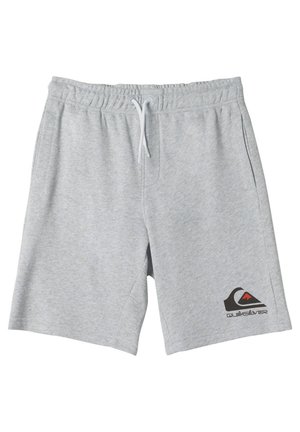 Dziecko ubrane w czarną, długorękawową koszulkę Quiksilver, szare spodenki z logo, białe skarpetki i czarne trampki Converse stojące na białym tle.