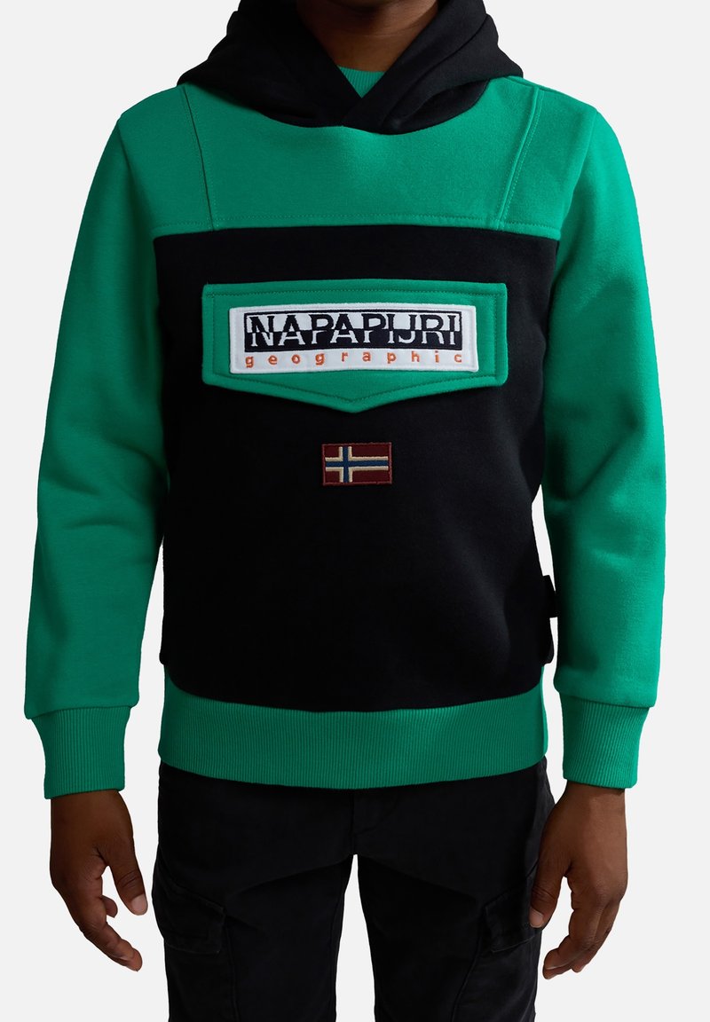 Personne portant un sweat à capuche vert et noir avec un patch "Napapijri geographic" et un petit emblème du drapeau norvégien sur la poche avant.