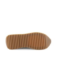 Gummisohle in Tan mit strukturiertem Griff und rundem Zehenbereich. Verfügt über Rillen für Traktion und Stabilität auf der Unterseite.