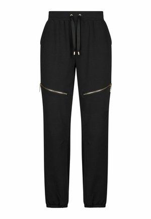 Pantaloni della tuta neri con vita con coulisse, tasche laterali con cerniera e polsini a costine alla caviglia, realizzati in tessuto strutturato.