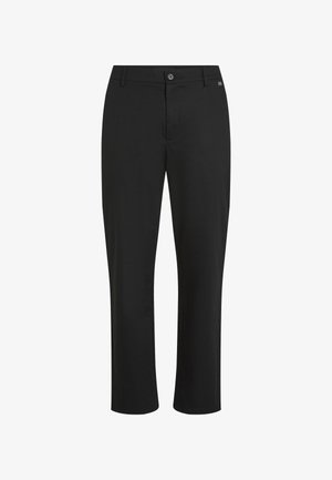 Pantalones negros de tela suave, con corte recto, cierre frontal de botón y detalle de logotipo sutil en la cinturilla.