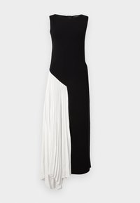 Robe longue sans manches avec un corsage noir ajusté et un panneau latéral plissé blanc. Texture lisse, décolleté rond et fermeture éclair.