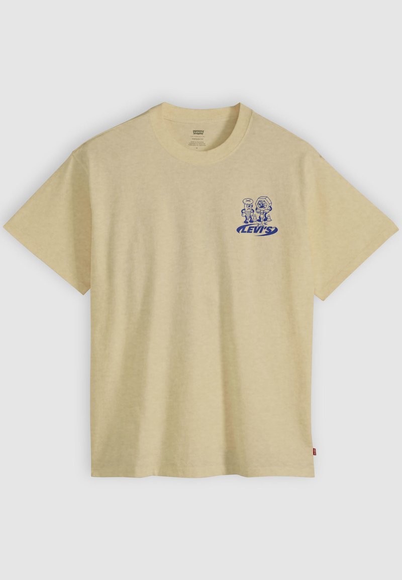 Beiges Levi's T-Shirt mit blauem Motiv von zwei Comicfiguren und Levi's-Logo auf der linken Brust, kurze Ärmel, Rundhalsausschnitt.