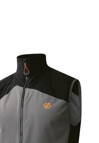 Sleeveless jacket with a high collar; features a black upper section and grey lower section. Includes an orange logo and zipper accent.