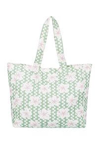 Green fabric tote bag with white zigzag pattern, adorned with light pink floral prints. Features two sturdy shoulder straps.