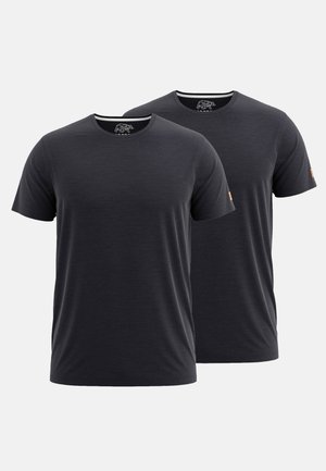 Two short-sleeve t-shirts in dark gray fabric. Features a crew neck and a small logo detail on the left sleeve. Soft texture, relaxed fit.