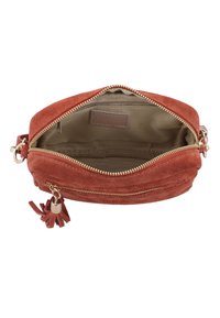 Borsa a tracolla in suede arancione bruciato con chiusura a zip, foderatura interna, una piccola tasca laterale e un accento decorativo a frangia.