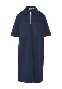 Navy-blauwe jurk met korte mouwen, collared halslijn, ritssluiting aan de voorkant en twee borstzakken. Gemaakt van gladde, lichte stof.