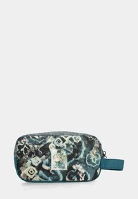 Pochette cosmetica turchese con motivo floreale e astratto, chiusura con zip e manico laterale per un facile trasporto.