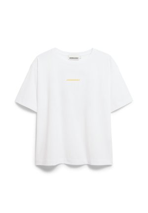 White short-sleeve T-shirt with yellow "ARMEDANGELS" text centered below the neckline on the front.