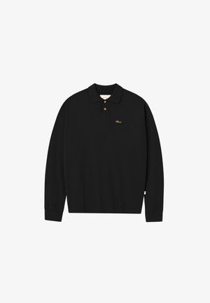 Sort langærmet polo skjorte med krave og to knapper, lille guld-logo broderet på venstre bryst og ribbede manchetter.