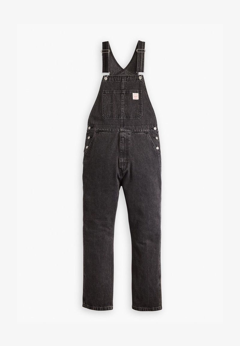 Zwarte denim salopettes met verstelbare banden, een voorkant pocket, zijknopen en een rechte pijp. Duurzaam stof met een vervaagde afwerking.