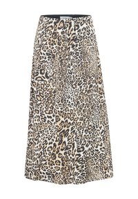 Leopard print skirt with a flared design, featuring shades of tan, black, and cream. Made from soft, lightweight fabric with a waistband.
