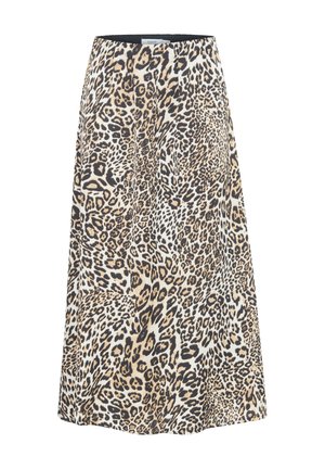 Løveprint nederdel med en flagrende design, i nuancer af tan, sort og creme. Lavet af blødt, let materialebl med en talje.