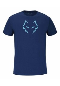 T-shirt blu navy a maniche corte con un design geometrico di una faccia di lupo azzurra chiara centrato sul petto.
