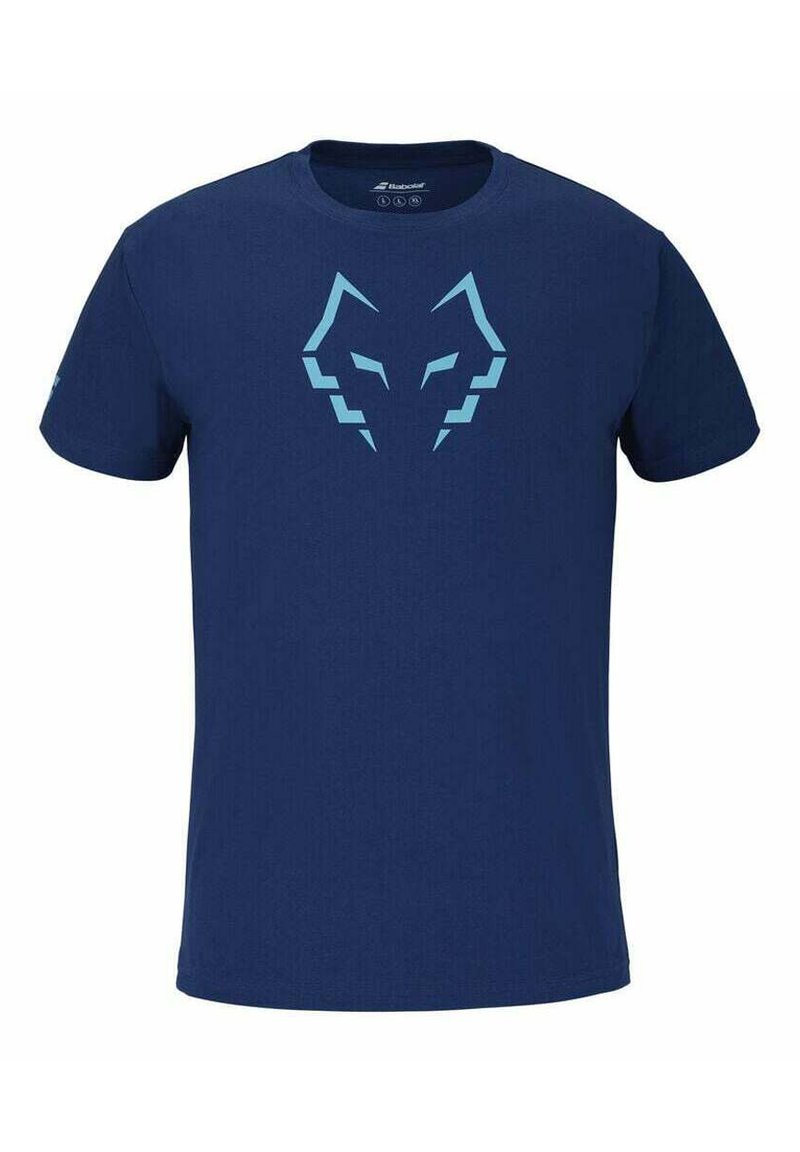 T-shirt blu navy a maniche corte con un design geometrico di una faccia di lupo azzurra chiara centrato sul petto.