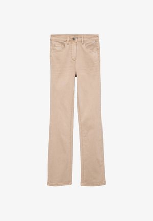 Jean beige à jambes droites avec cinq poches, passants pour ceinture, et une fermeture à bouton et zip à l'avant.