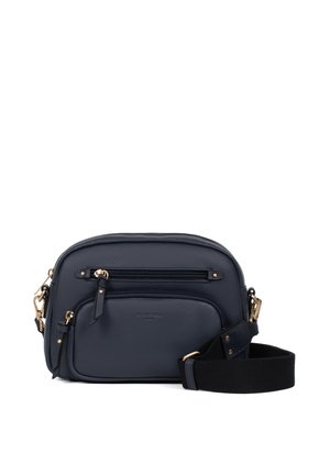 Borsa a tracolla in pelle blu navy con hardware dorato, diverse tasche con zip e una tracolla nera regolabile. Finitura testurizzata con bordi arrotondati.