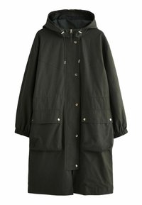 Parka lunga verde scuro con cappuccio, dotata di accessori in argento, due tasche frontali e polsini elastici. Realizzata in tessuto durevole e leggero.