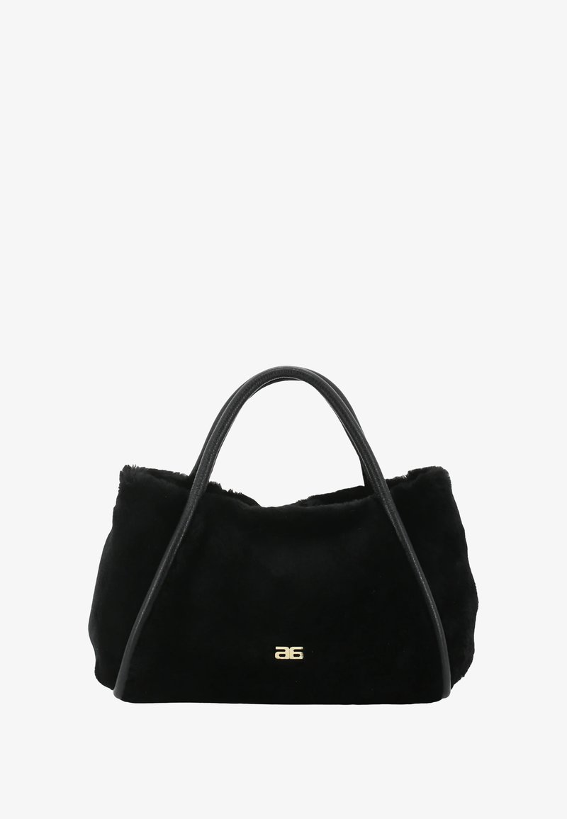 Black faux fur tote bag with two black leather handles and small gold "ag" logo centered near the bottom.