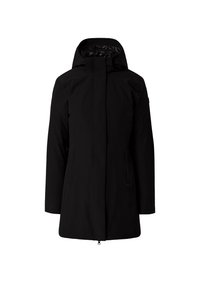 Giacca impermeabile nera con cappuccio, design semplice, taglio dritto, due tasche frontali e tessuto liscio. Chiusura frontale con cerniera.