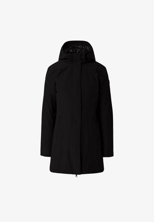 Chaqueta impermeable negra con capucha, diseño sencillo, corte recto, dos bolsillos delanteros y textura lisa. Cierre frontal con cremallera.