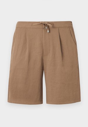 Meeste helepruunid vabaaja lühikesed püksid koos nöörvöökohaga ja küljetaskutega, valmistatud kerge kangaga, esitatuna ühevärvilisel taustal.