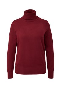 Burgunderfarbener Rollkragenpullover aus weichem Strickstoff, mit langen Ärmeln und einem gerippten Abschluss am Kragen und Saum. Einfaches Design in einfarbiger Ausführung.