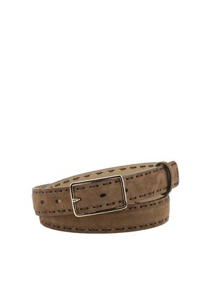 Brown suede belt with rectangular metal buckle and decorative stitching along edges, coiled on a white background.