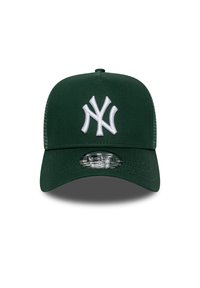 Grüner Baseballcap mit einem weißen gestickten Logo auf der Vorderseite, gebogenem Schirm und einem strukturierten Netzrücken. Verfügt über einen Kunststoff-Snapverschluss.