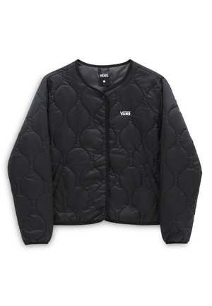 Veste matelassée noire avec boutons-pression, poignets élastiques, poches latérales et logo Vans blanc sur la partie gauche de la poitrine.