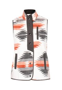 Gilet in pile con colletto verticale, caratterizzato da un motivo geometrico arancione, grigio e bianco, con bottoni a pressione e una tasca sul petto con zip.