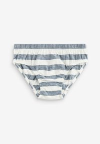 Slipuri de baie cu dungi orizontale, de culoare albastru închis și alb, cu talie elastică și material moale din bumbac. Concepute pentru confort și flexibilitate.