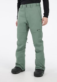 Groene sneeuwbroek met een rechte snit, gemaakt van waterdicht materiaal, met cargobuckets, verstelbare zoom en logo-accenten.
