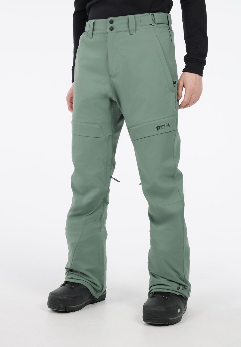 Groene sneeuwbroek met een rechte snit, gemaakt van waterdicht materiaal, met cargobuckets, verstelbare zoom en logo-accenten.