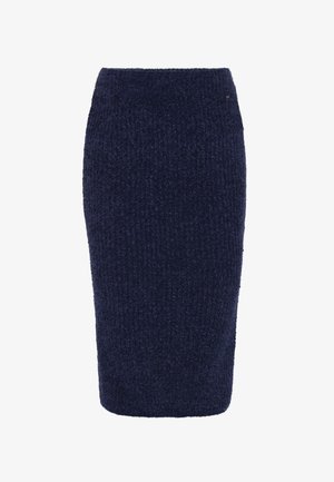 Knit pencil skirt in dark navy. Features a stretchy waistband and soft texture with a ribbed pattern. Knee-length design.
