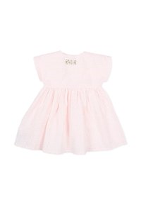 Vestito per bebé a maniche corte a righe rosa chiaro e bianche, con gonna arricciata e una piccola etichetta sulla parte superiore della schiena.