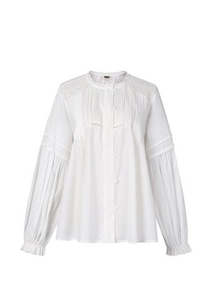 Witte blouse met lange mouwen, versierd met kant op de schouders, gepintuckte plooien aan de voorkant, knoopsluiting en gathered cuffs met ruches.