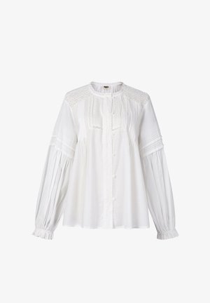 Witte blouse met lange mouwen, versierd met kant op de schouders, gepintuckte plooien aan de voorkant, knoopsluiting en gathered cuffs met ruches.