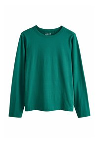 Grünes Langarm-T-Shirt aus weichem Stoff, mit Rundhalsausschnitt und lockerer Passform, ohne Muster oder auffällige Akzente.