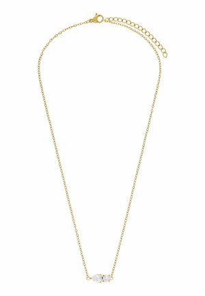 Delicate gouden ketting met twee witte edelsteenhangers, één druppelvormig en één rond, naast elkaar verbonden.