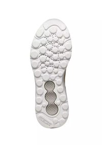 Sole di sneaker bianca con pod in gomma arrotondati e fori di ventilazione in un motivo ondulato, con un design testurizzato e logo visibile.